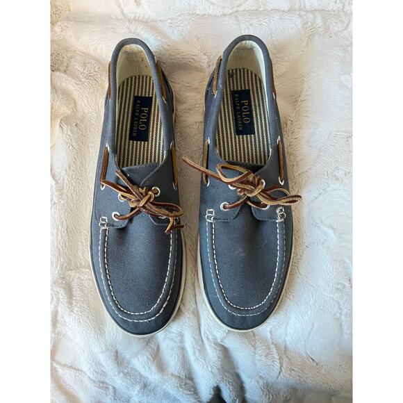Ralph Lauren Polo Canvas SANDER Blue Slip On Boat Shoes Mens 9.5 Leather Laces - Picture 9 of 10